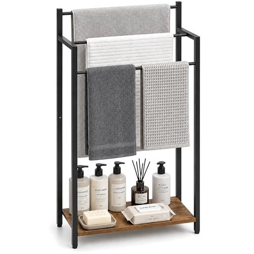 16.9″ W Freestanding Towel Rack with Rustic Brown Wood Shelf | 3 Tier Blanket Ladder Stand for Bathroom Living Room, Metal Frame,31.5″H x 16.9″W x7.9″D