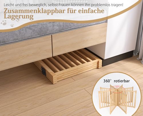Pshelfy Hundeabsperrgitter aus Holz 4 Paneelen 58cm Höhe - Freistehend & Faltbar, 360° Drehbar für Tür, Treppe, Flur als Welpen-Gitter & Kinderschutzgitter (BxH: 234 cm x 58 cm, Naturholz)
