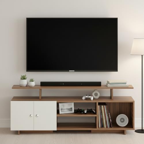 Image of FURNEASER Eskido Engineered Wood TV Entertainment Unit, Floor Standing TV Cabinet with Storage Shelves for Living Room, TV Stand for 32,43,50 & 55 Inch TV (Exotic Teak & White) (Exotic Teak & White)