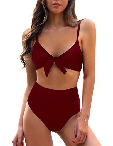 Blooming Jelly Womens High Waisted Bikini Set Tie Knot High Rise Two Piece Swimsuits Bathing Suits (Medium, Red Wine)