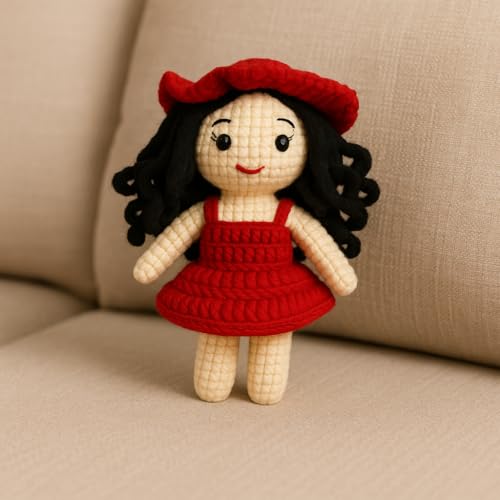 Image of Sutra Handmade Crochet Doll for Girls 3-10 Years | Amigurumi Soft Toy in Red Dress with Hat | Washable, Handcrafted Plush Doll | Perfect Birthday & Baby Shower Gift