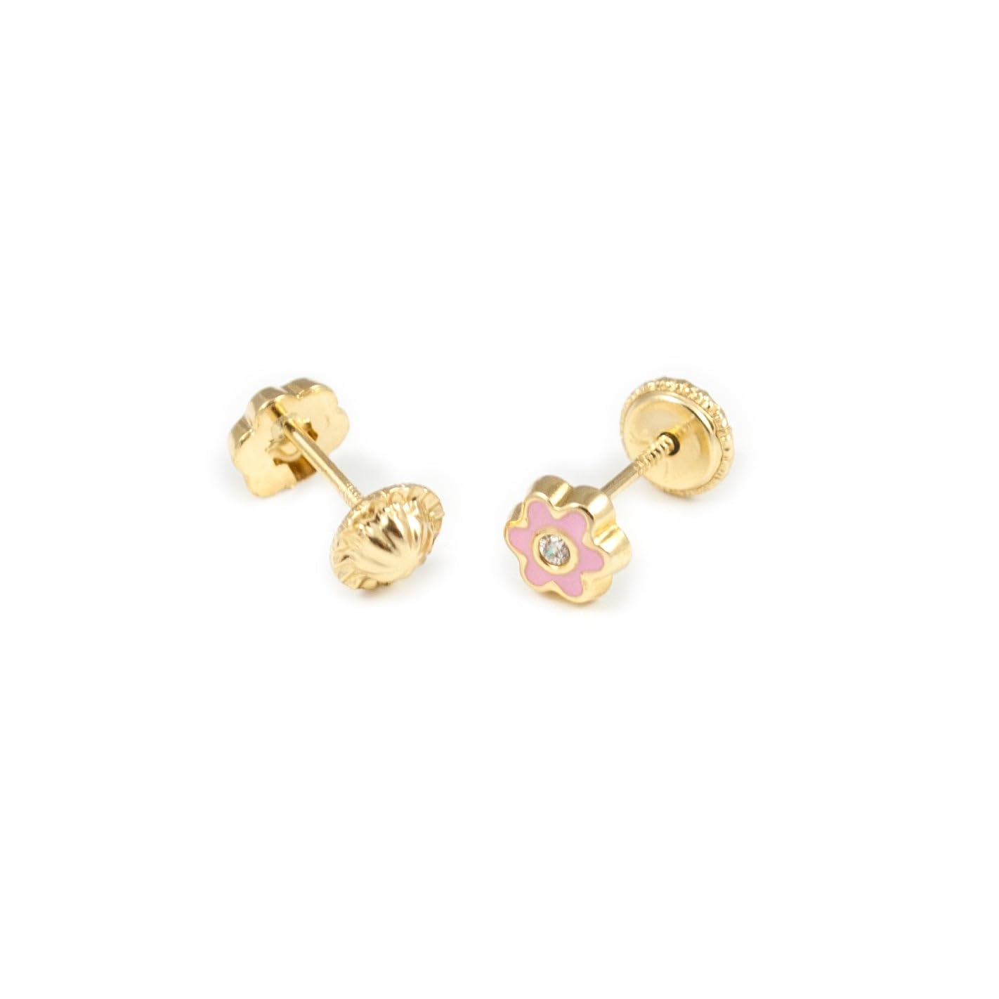 Mondepetit - Orecchini bambini ragazza Smalto rosa chiaro fiore margherita Zircone Oro Giallo 18K - Scatola Regalo - Certificato di garanzia