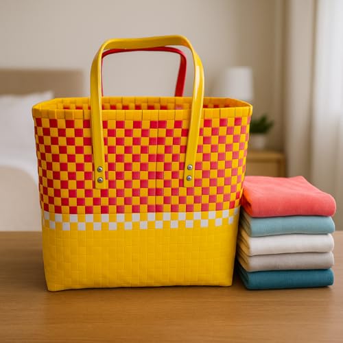 Image of Hand Made Multipurpose Plastic Basket with Lid | Eco-Friendly, Washable, Rust-Free Storage Basket for Kitchen, Picnic, Toys, Travel, Office | Lightweight basket (Yellow with Pink, XL)