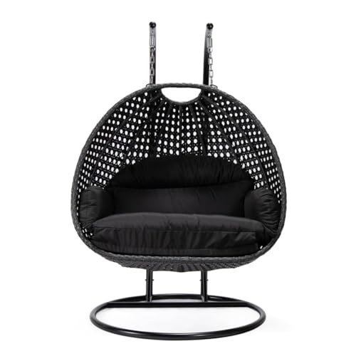 Image of Double Seater Hammock Swing Chair with Stand & Cushion | Heavy Duty Powder Coated Steel Frame | Outdoor Indoor Hanging Swing for Patio Balcony Garden Terrace Living Room (Black-Black)