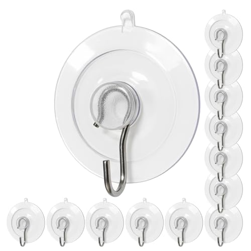 Miuezuth Suction Cup Hooks 12Pcs, 1.77Inch Clear Medium No Trace Suction Cups Removable with Stainless Steel Hook, for Tile, Glass, Window, Shower, Kitchen, Bathroom