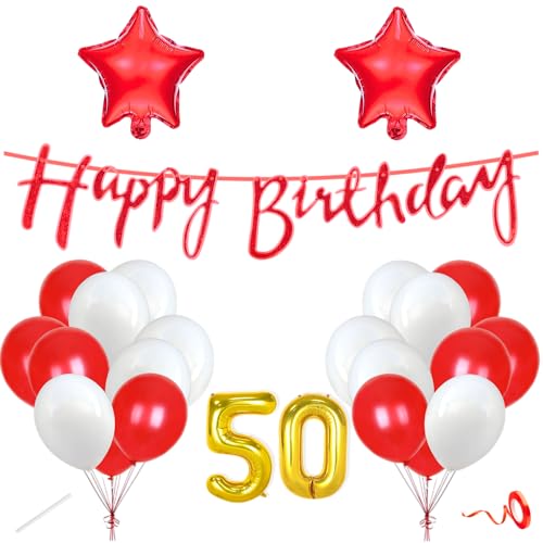 Image of Flyloons 50th Happy Birthday Decoration Kit Red White for Boys Girls Men Women Adults With 20 Pcs Metallic Balloons Birthday Banner 2 Pcs Star Items Set