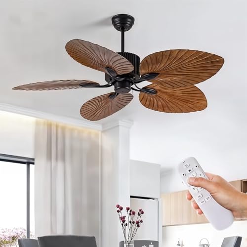 Image of PalmAura Ceiling Fan - Modern Fan with Silent Motor, Remote Control, 5 Palm-Style Wooden Blades - Modern Coastal Ceiling Fan for Living Room, Bedroom, Home Decor