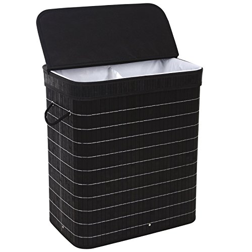 SONGMICS Divided Bamboo Laundry Two-section Hamper Double Dirty Clothes Sorter with Lid Handles and Removable Liner Compartment Storage Basket Rectangular Black ULCB64H