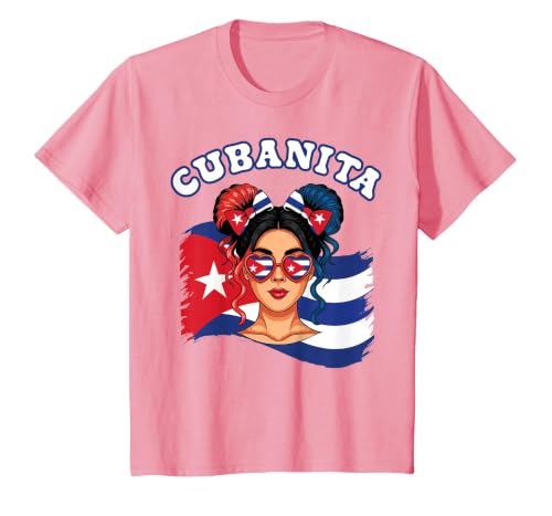 Cubanita Hispanic Heritage Messy Bun Cuban Cuba Flag Girls T-Shirt, Youth, Pink, 4T