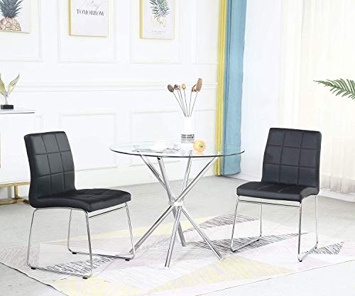 STYLIFING Modern Dining Table Chairs Set for 2 Kitchen Table and Chairs Set for Small Space Round Clear Tempered Glass Top Dining Room Table + 2 Black Faux Leather Chairs Dining Room Set of 3 Pieces