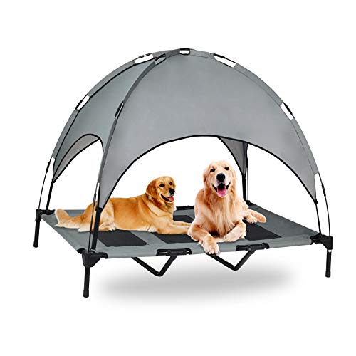 Elevated Pet Cot with Canopy, Portable Raised Pet Cot for Camping or Beach, Removable Canopy, Durable 1680D Oxford Fabric Raised Mesh Cot, Breathable Cooling Outdoor Dog Bed (Large, Grey)