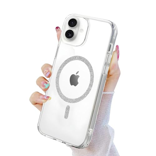 Image of AIBEX Back Cover Case Compatible with iPhone 16 Plus | Glitter Ring Cute Shiny Colorful Bling Case (Compatible with Magsafe) | Transparent PC+TPU Glossy Shiny Cover for Girls & Women - Silver