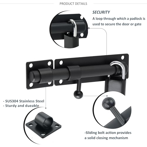 SAYAYO Slide Gate Latch Bolt Safety Door Lock with Padlock & 4 Keys Heavy Duty Solid SUS304 Stainless Steel Matte Black - Image 3