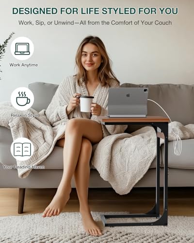 Image of C-Shaped Side Table for Couch - Small Coffee Stand Sofa Tray Desk with Metal Frame Waterproof Scratch Resistant Wood Top and Built-in Charging Station, Rustic Walnut