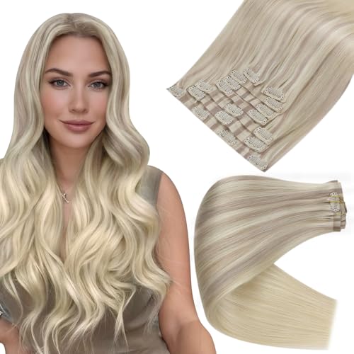 Image of Full Shine Clip in Human Hair Extensions 22 Inch Ash Blonde Balayage Light Blonde Mix Platinum Blonde Real Hair Clip in Extesnions Silky Hair Extension 8 Pcs 120g