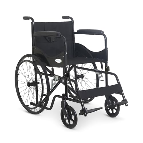 Image of Everactiv Economy Classic with spoke wheel with 1-Year Warranty | Heavy-Duty Frame, Strong Crossbar Support, Safety Seat Belt, Wide Padded Seat, Easy Folding Design, 120 kg Capacity | Wheelchair for Old Age Person | Black