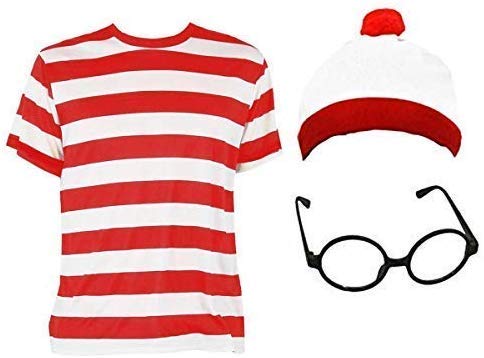 HOMBRE DIVERTIDO 'ENCONTRARME' PARA NIÑOS NIÑAS CAMISETA DE MANGA CORTA A RAYAS ROJAS Y BLANCAS + SOMBRERO BOBBLE BLANCO ROJO + GAFAS NERD NEGRAS CONJUNTO DE DISFRACES (PEQUEÑO - 4-6 AÑOS)
