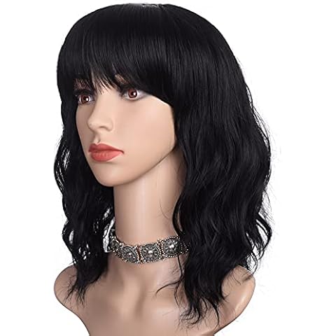 morvally Short Black Wavy Bob Wig with Bangs for Women 16 Inches Natural Synthetic Hair Wavy Wigs Cover