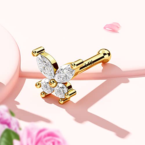 Jewseen 14K Butterfly L-Shape Nose Rings Cubic Zirconia Nose Studs 20G Nose Rings For Women Nose Piercing Jewelry Body Piercing Jewelry #TOP1