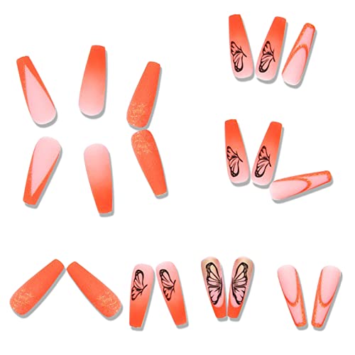 Coffin Butterfly Press On Nails Long, 24Pcs Ballet French Acrylic Fake Nails Full Cover Stick On Nails, Shiny Orange False Nails With Exquisite Design For Women And Girls #TOP2