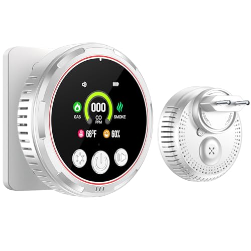 Gedsffati Plug-in 5-en-1 Detector de Humo & Monoxido de Carbono & Combustible Gas Combinación con Batería de Respaldo 1000mAh & HD Pantalla [CO Humo Gas Humedad Temp Alarma] Blanco, HD13-CGS