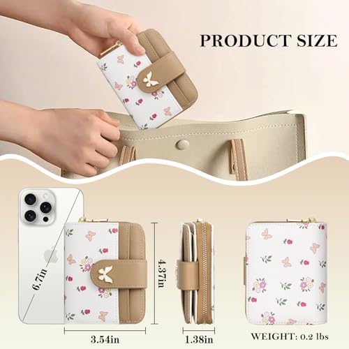 Image of BIAOTIE Wallet for Women Cute Floral Flower Wallet RFID Credit Card Holder Purse Small Bifold Zipper Coin Pocket Purse with ID Windows (Butterfly Khaki)