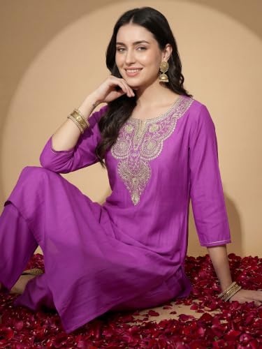 Image of INDO ERA Women's Silk Blend Embroidered Zari Work Straight Kurta & Pant Set | Cord Set For Women