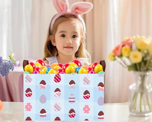 Image of Large Rectangular Easter Baskets Empty Waterproof Boy Toy Box Foldable Kid's Gifts Storage Bin Spring Room Decor(Blue Checkered Egg)