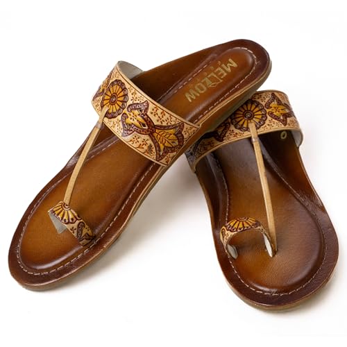 Image of Women's Leather Kolhapuri Chappals - Handmade Ethnic Flats Sandals with Durable TPR Non-Slip Sole