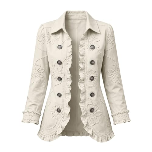 Womens Western Denim Jacket Ruffle Button Down Floral Vintage Jean Jacket - image 3
