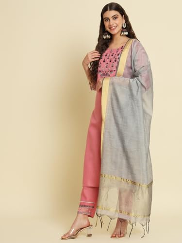 Image of VredeVogel Women's Cotton Blend Kurta Pant Set with Chanderi Silk Dupatta