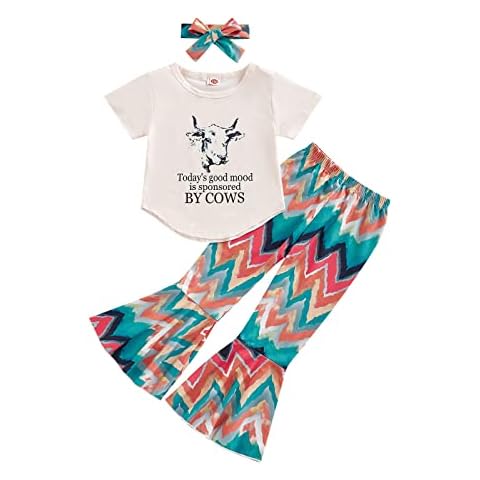 Emmababy Toddler Western Bell Bottom Outfits Girls Kids Short Sleeve Cow Print Irregular Hem Tunic Top Stripe Flare Pants Set (Beige, 7-8 Years) Cover