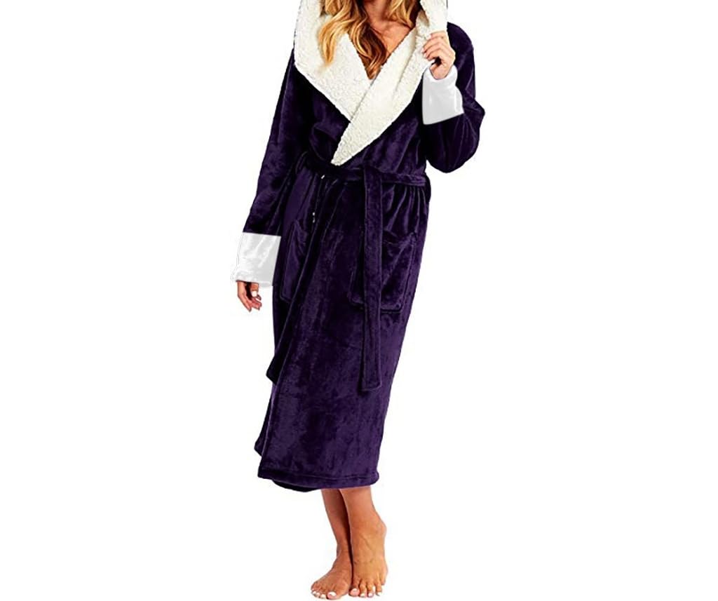 Albornoz Morado Liso con Capucha para Mujer - Bata Larga, Suave y Esponjosa, Cálida y con Cinturón - Kimono y Ropa de Estar Por Casa para El Invierno