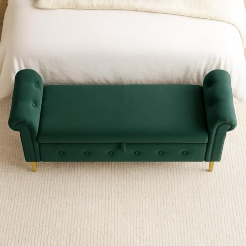 Image of Upholstered Storage Bench, Sofa Bench, Sofa couches, Ottoman Bench 2 Seater Sofa Chaise Lounger Pouffe for Living Room, Bedroom, Office | (Forest Green)