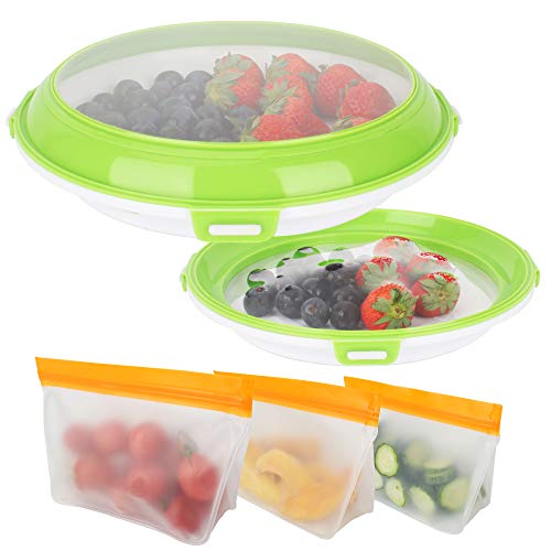 Reusable Food Preservation tray to keep Food Fresh, BPA free food storage trays, 3Pcs Reusable Food Storage Bags freezer Safe + 2Pcs Eco Food Tray with lid