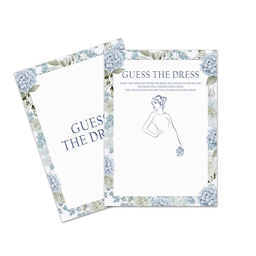 LSJEHTQ Bridal Shower Games Cards Guess The Dress Themed Bridal Shower Games for 25 Guests Blue Hydrangea Wedding Game Blue and White Floral Bachelorette Engagement Party Favors -07