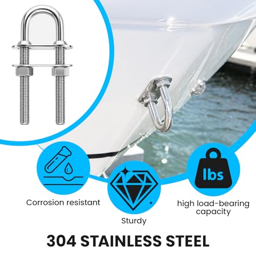 Image of Boat Stern Bow Eye Tie Down U Bolt, Marine Stainless Steel with Hex Nuts and Washers, 4-1 /2 in Overall Length, 3 /8 in Stock, 3 in Thread Length, 2 Pack