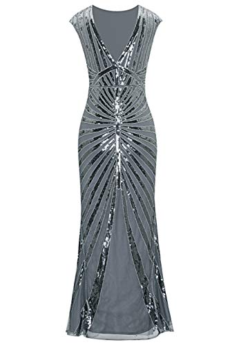 Metme Women’s 1920s Mermaid Maxi Long Dress Sequin Formal Dress Evening Prom Gown Dress Grey