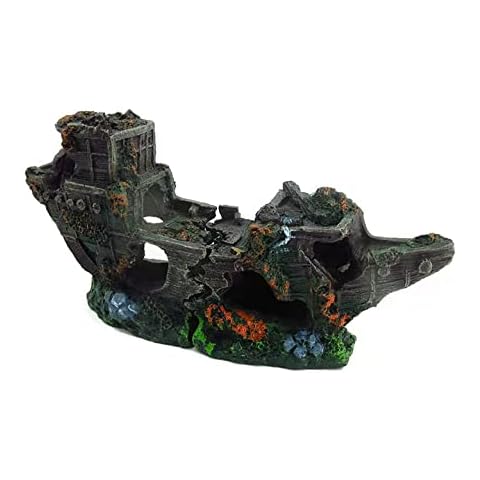 RunXF Large Sunken Pirates Treasure Ship 10 inch 2 Part Design Aquarium Decoration Big Shipwreck Fish Tank Landscaping Fish Hide Cover