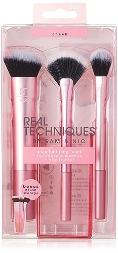 Real Techniques Cruelty Free Sculpting Set, Includes Fan or Setting Brush & Brush Cup, Synthetic Bristles, Pink, 4 Piece