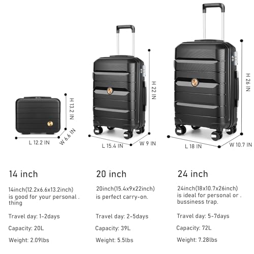 Somago 3 Pieces Luggage Set(14/20/24) PP Lightweight 4 Double 360 Degrees Mute Spinner Wheels Suitcase with TSA Lock & YKK Zipper (Classic Black)3