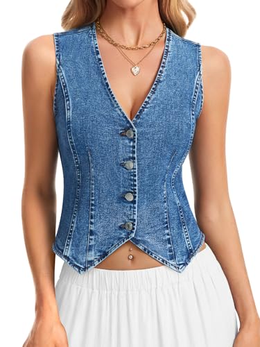 LYHIPSS Denim Vest Women Stretchy Denim Top V Neck Button Down Jean Vest Top for Women Jean Tops Vintage Blue L