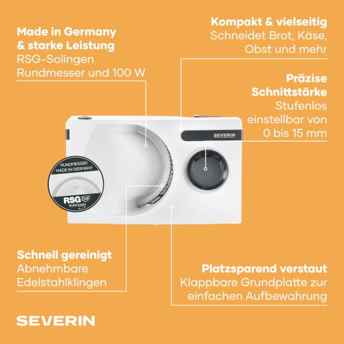 Foto von Severin Allesschneider für Brot, Aufschnitt oder Käse, Brotschneidemaschine mit stufenlos einstellbarer Schnittstärke, Aufschnittmaschine mit Fingerschutz, weiß-schwarz, AS 3912