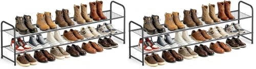 AOODA Long 2 Tier Shoe Rack for Closet Metal Wide Stackable Shoe Storage Organizer for Entryway, Bedroom, Floor, 18-Pairs Low Shoe Shelf, Black (Pack of 2)