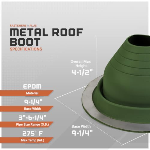 Image of Fasteners Plus #4 Round EPDM Metal Roof Pipe Flashing Boot (Fits 3 inch - 6-1 /4 inch Pipe OD), Dark Green