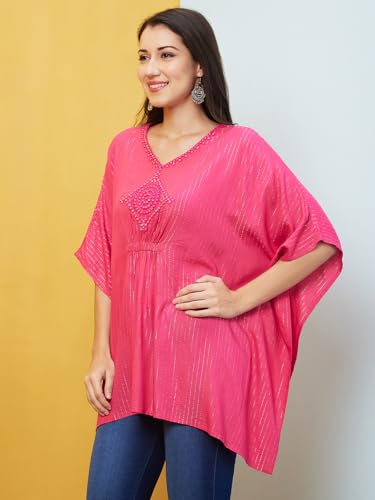 Image of Globus Women Striped Mirror Work V- Neck Pure Cotton Kaftan Tunic
