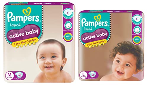 Image of Pampers Active Baby Diapers - 62 Pieces (Medium) & Pampers Active Baby Diapers, Large, 50 Count