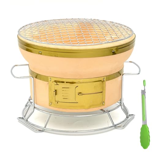 Portable Small Round Hibachi Charcoal Grill - Japanese Ceramic Clay Tabletop Bbq Cooker With Handles & Tongs