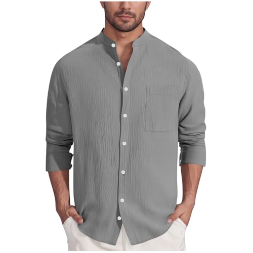 Men's Long Sleeve Henley Shirt Casual Lightweight Breathable Button Banded Collar Shirt Beach Summer Top with Pocket