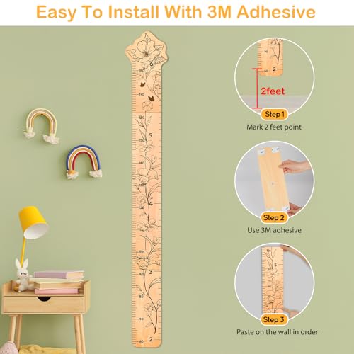 Beinou Growth Chart for Wall Wood Height Chart for Kids Height Measurement for Wall Boy Girls Height Wall Chart Growth Measuring Ruler Room Wall Decor,Flower
